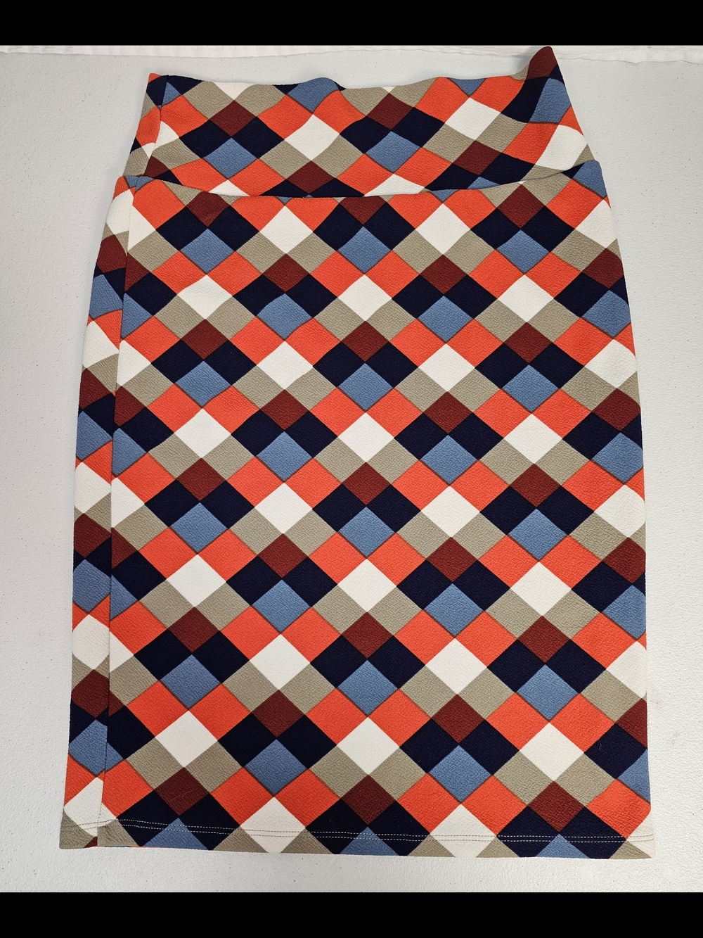LuLaRoe Multicolor Diamond-Check Pencil Skirt - Red, Navy, Blue, Cream, Tan